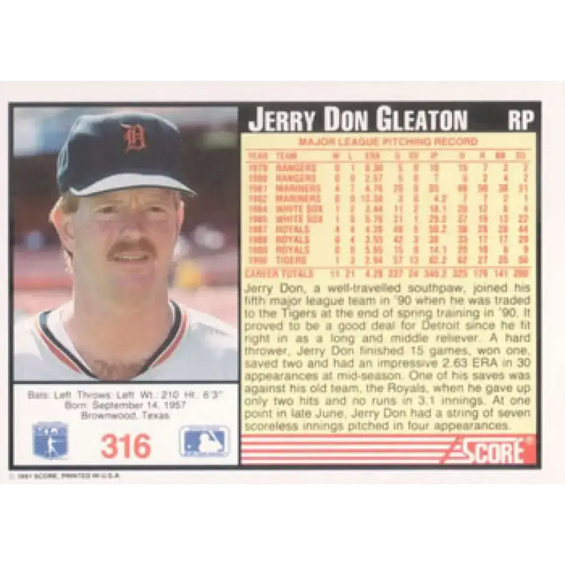 1991 Score #316 Jerry Don Gleaton NM-MT Detroit Tigers Baseball Card - Baseball Card Single