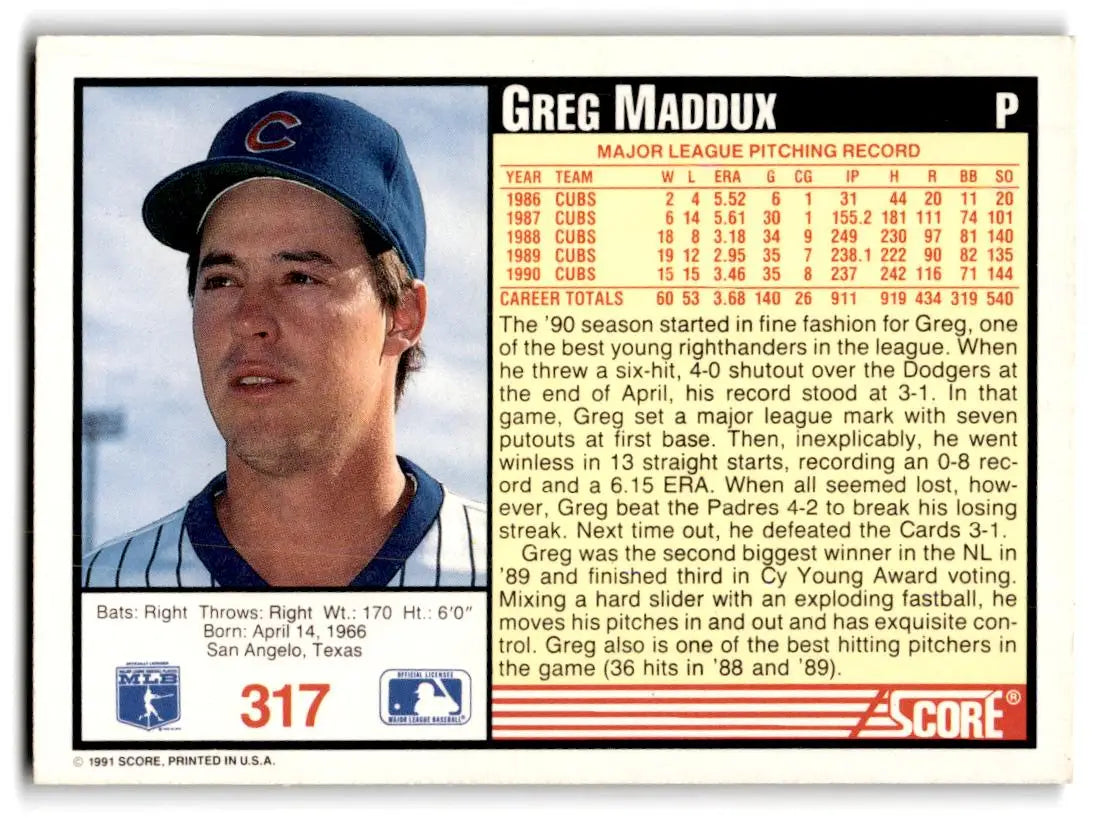 1991 Score #317 Greg Maddux - Baseball Card Single