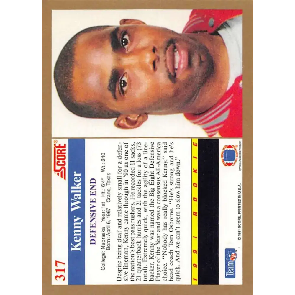 1991 Score #317 Kenny Walker EX Excellent RC Rookie Nebraska Cornhuskers Football Card - Football Card Single