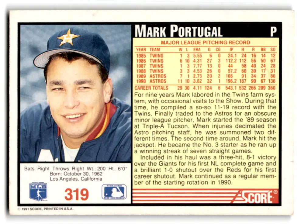 Original gloss Mark Portugal baseball card from 1991 Score #319 in excellent Astros condition