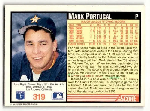 1991 Score Mark Portugal Houston Astros baseball card showcasing Mark Portugal Houston equipment