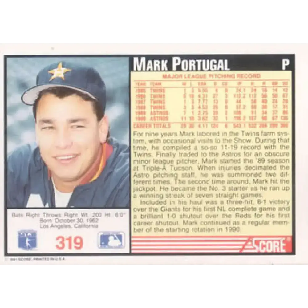 1991 Score #319 Mark Portugal NM-MT Houston Astros Baseball Card - Baseball Card Single