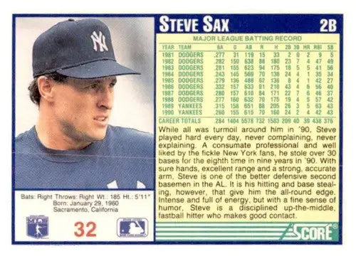 1991 Score #32 Steve Sax EX/NM - Baseball Card Single