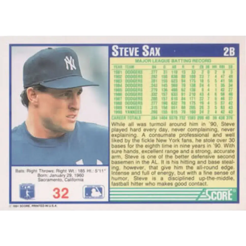 1991 Score #32 Steve Sax NM-MT New York Yankees Baseball Card - Baseball Card Single
