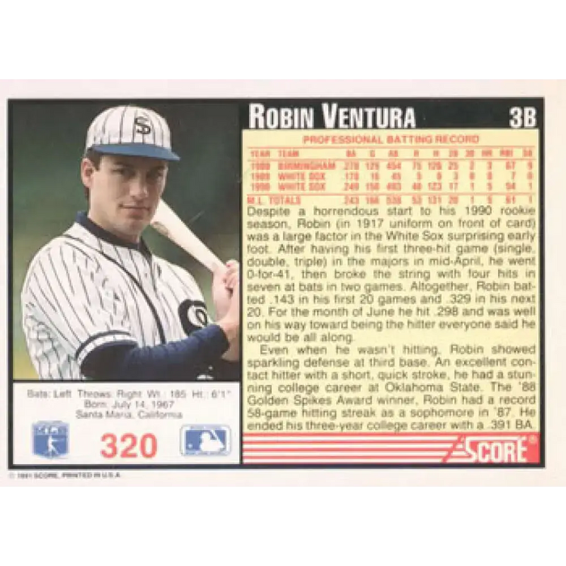 1991 Score #320 Robin Ventura NM-MT Chicago White Sox Baseball Card - Baseball Card Single
