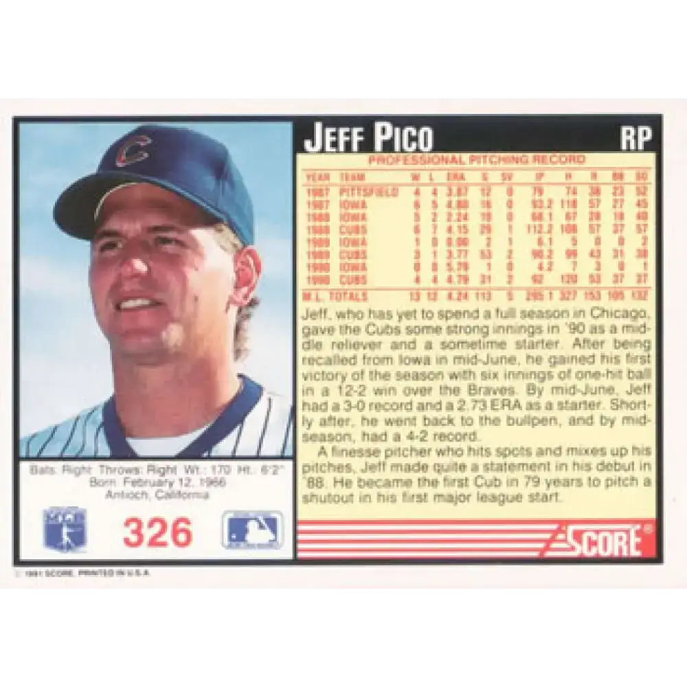 1991 Score #326 Jeff Pico NM-MT Chicago Cubs Baseball Card - Baseball Card Single