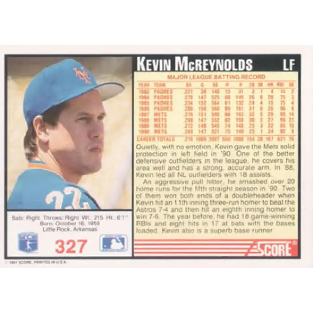 1991 Score #327 Kevin McReynolds NM-MT New York Mets Baseball Card - Baseball Card Single