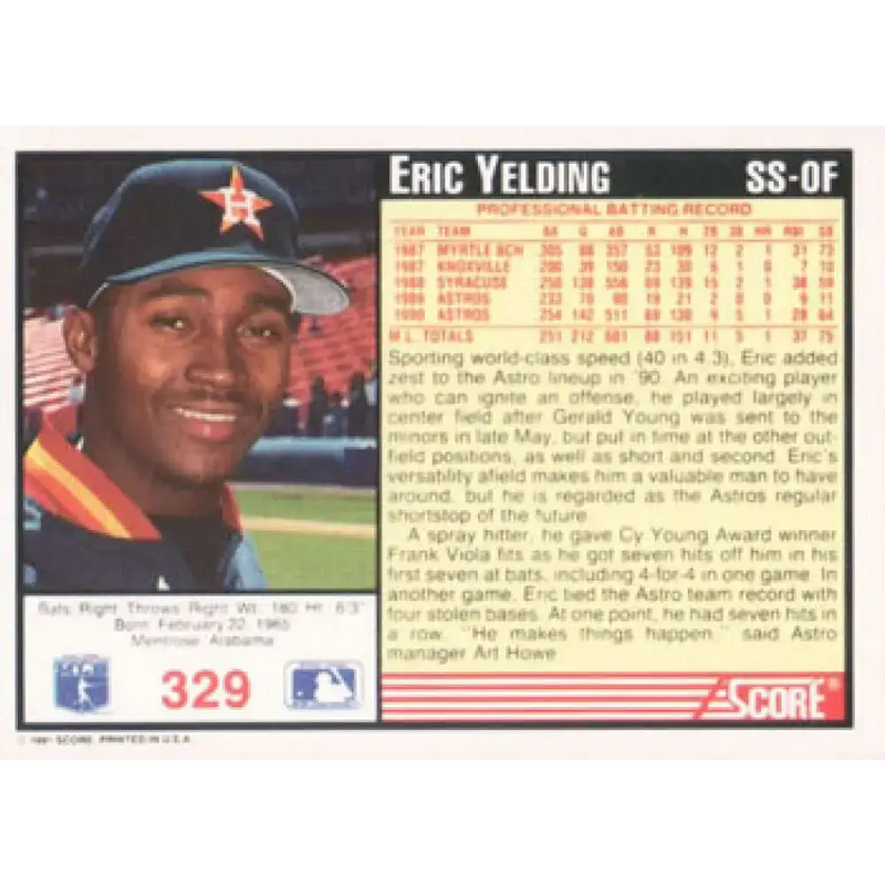 1991 Score #329 Eric Yelding UER NM-MT Houston Astros Baseball Card - Baseball Card Single