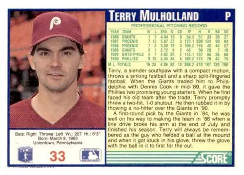 Original gloss Terry Mulholland baseball card from 1991 Score #33 featuring Simply Sandoval