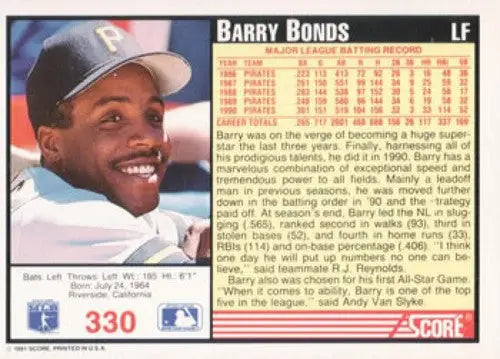 1991 Score #330 Barry Bonds NM-MT Pirates - Baseball Card Single