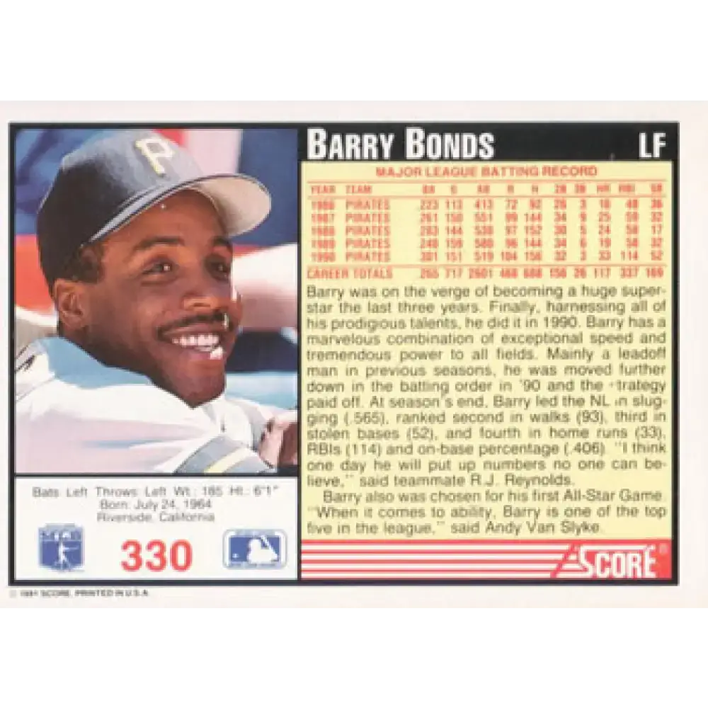 1991 Score #330 Barry Bonds NM-MT Pittsburgh Pirates Baseball Card - Baseball Card Single
