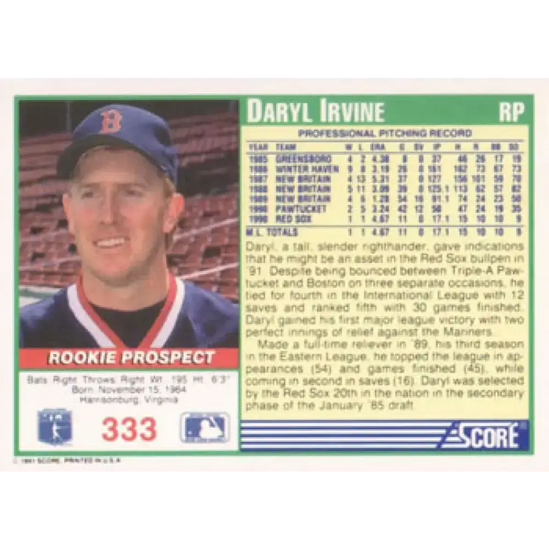 1991 Score #333 Daryl Irvine NM-MT RC Rookie Boston Red Sox Baseball Card - Baseball Card Single