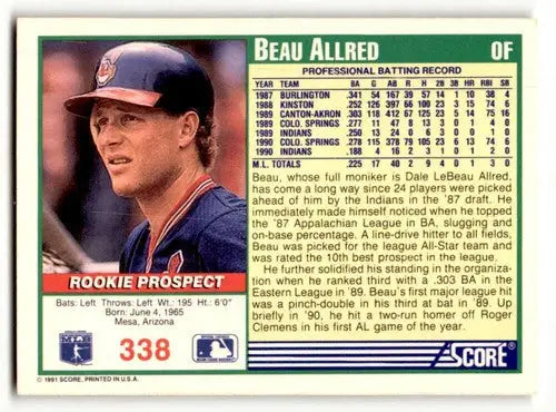 Original gloss Beau Allred Cleveland baseball card from 1991 Score #338 Allred Cleveland Indians