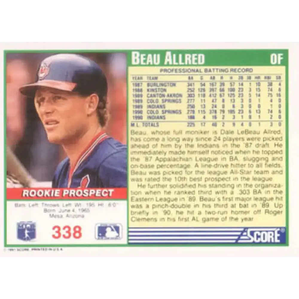 1991 Score #338 Beau Allred NM-MT Cleveland Indians Baseball Card - Baseball Card Single