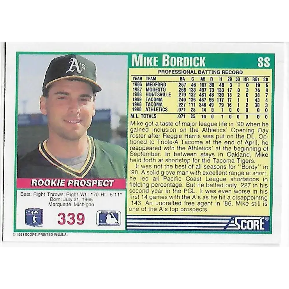 1991 Score #339 Mike Bordick NM-MT RC Rookie Oakland Athletics Baseball Card - Baseball Card Single