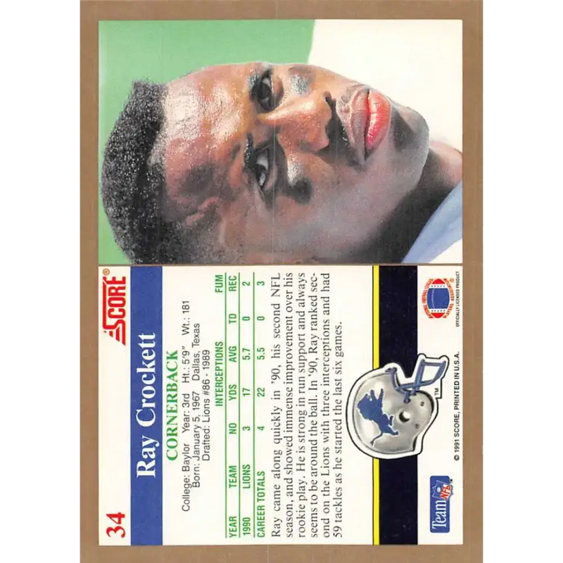 1991 Score #34 Ray Crockett EX Excellent RC Rookie Detroit Lions Football Card - Football Card Single