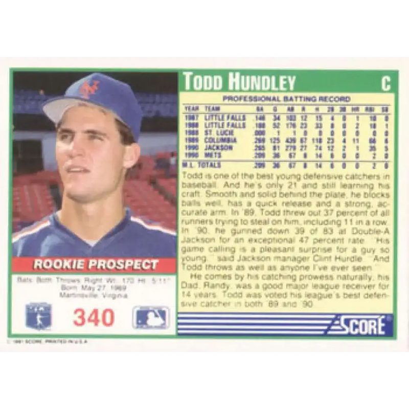 1991 Score #340 Todd Hundley NM-MT New York Mets Baseball Card - Baseball Card Single