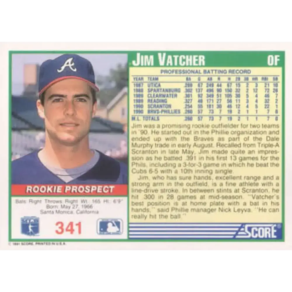 1991 Score #341 Jim Vatcher UER NM-MT RC Rookie Atlanta Braves Baseball Card - Baseball Card Single