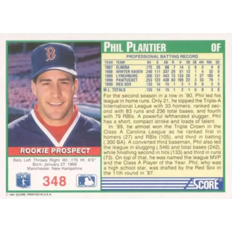 1991 Score #348 Phil Plantier NM-MT RC Rookie Boston Red Sox Baseball Card - Baseball Card Single