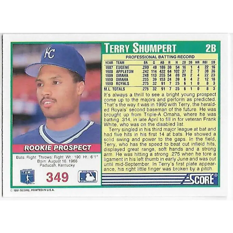 1991 Score #349 Terry Shumpert NM-MT Kansas City Royals Baseball Card - Baseball Card Single