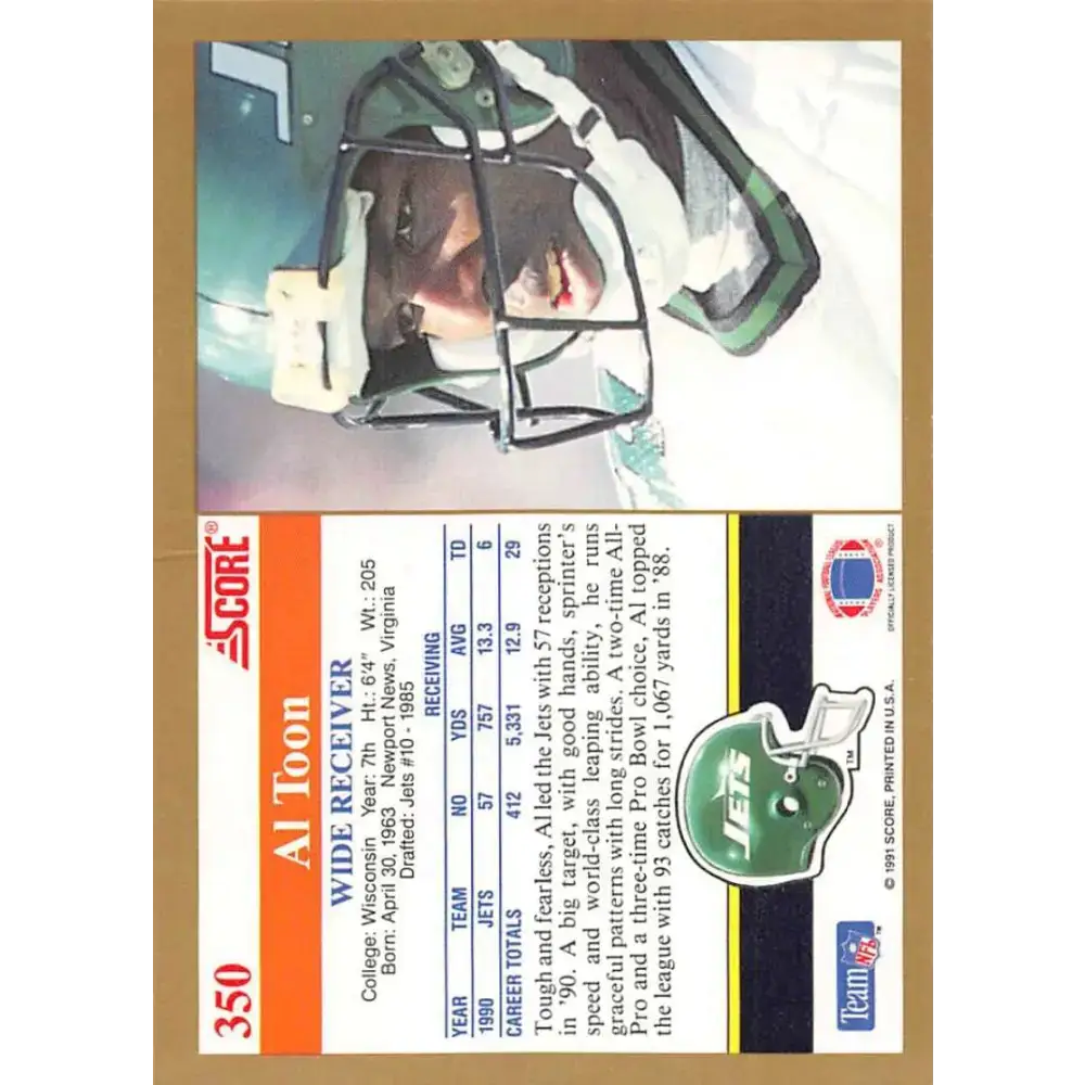 1991 Score #350 Al Toon EX Excellent New York Jets Football Card - Football Card Single