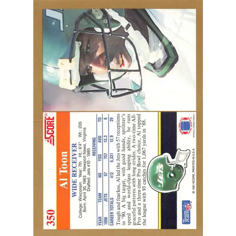 1991 Score #350 Al Toon EX Excellent New York Jets Football Card - Football Card Single