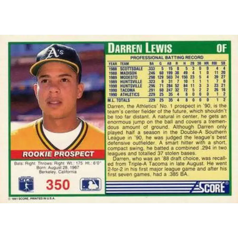 1991 Score #350 Darren Lewis SC NM-MT Oakland Athletics Baseball Card - Baseball Card Single