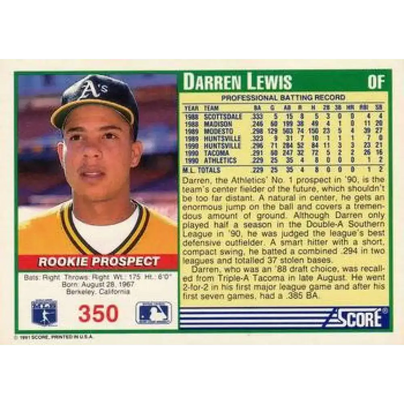 1991 Score #350 Darren Lewis SC NM-MT Oakland Athletics Baseball Card - Baseball Card Single