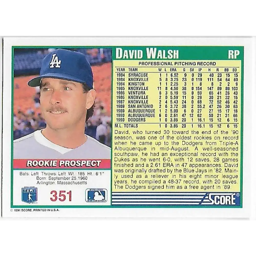 1991 Score #351 Dave Walsh NM-MT RC Rookie Los Angeles Dodgers Baseball Card - Baseball Card Single
