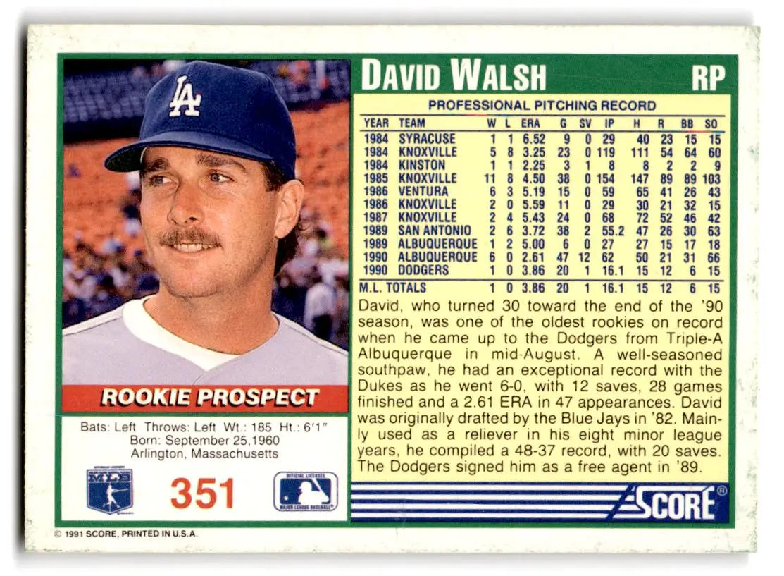1991 Score #351 Dave Walsh - Baseball Card Single