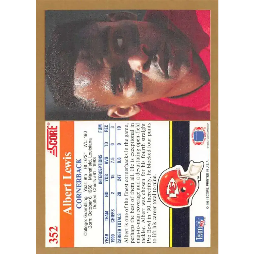 1991 Score #352 Albert Lewis EX Excellent Kansas City Chiefs Football Card - Football Card Single