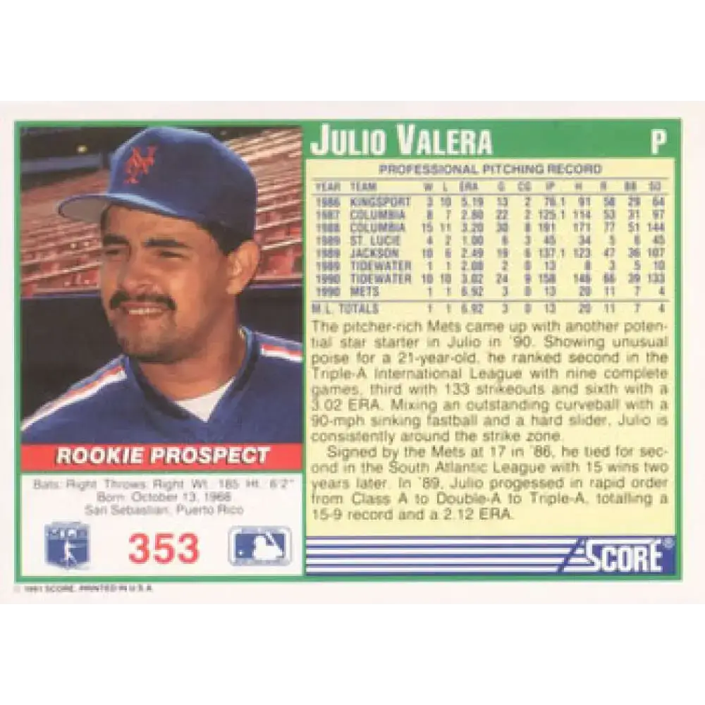 1991 Score #353 Julio Valera UER NM-MT New York Mets Baseball Card - Baseball Card Single