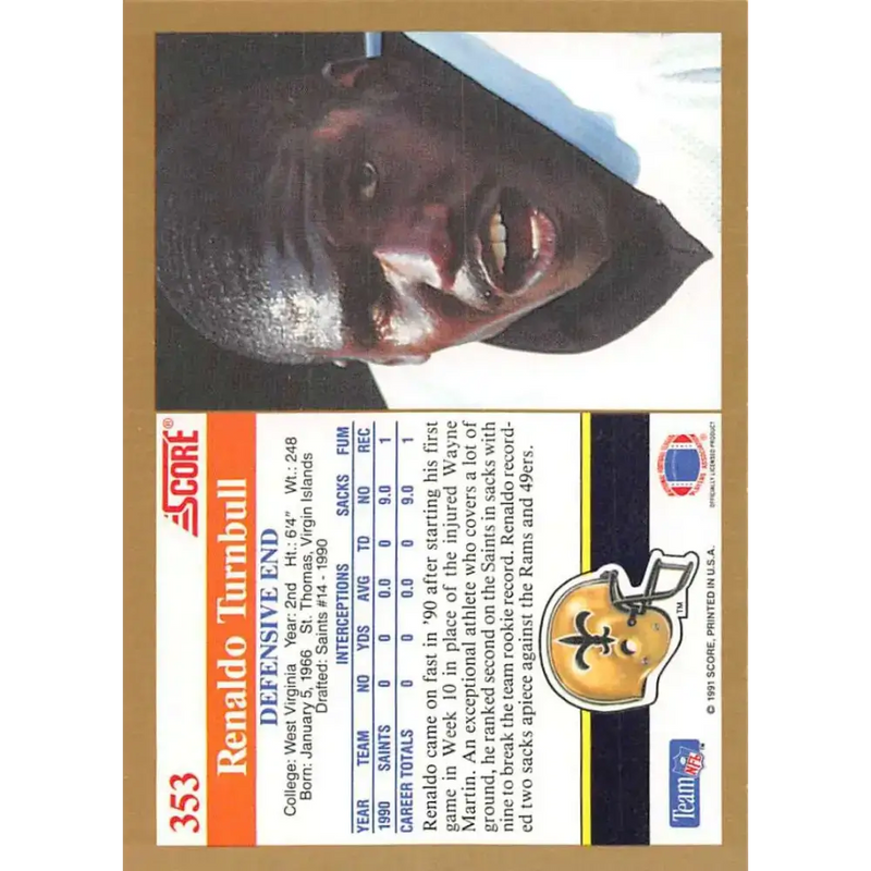 1991 Score #353 Renaldo Turnbull EX Excellent New Orleans Saints Football Card - Football Card Single