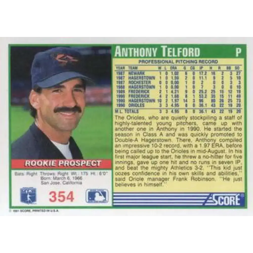 1991 Score #354 Anthony Telford NM-MT RC Rookie Baltimore Orioles Baseball Card - Baseball Card Single