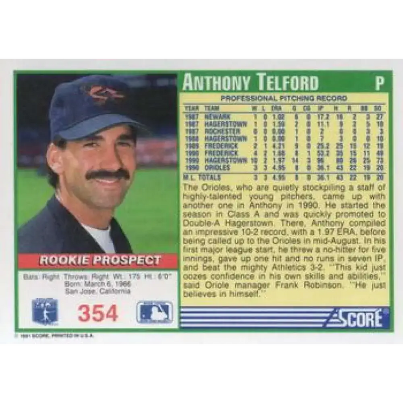 1991 Score #354 Anthony Telford NM-MT RC Rookie Baltimore Orioles Baseball Card - Baseball Card Single