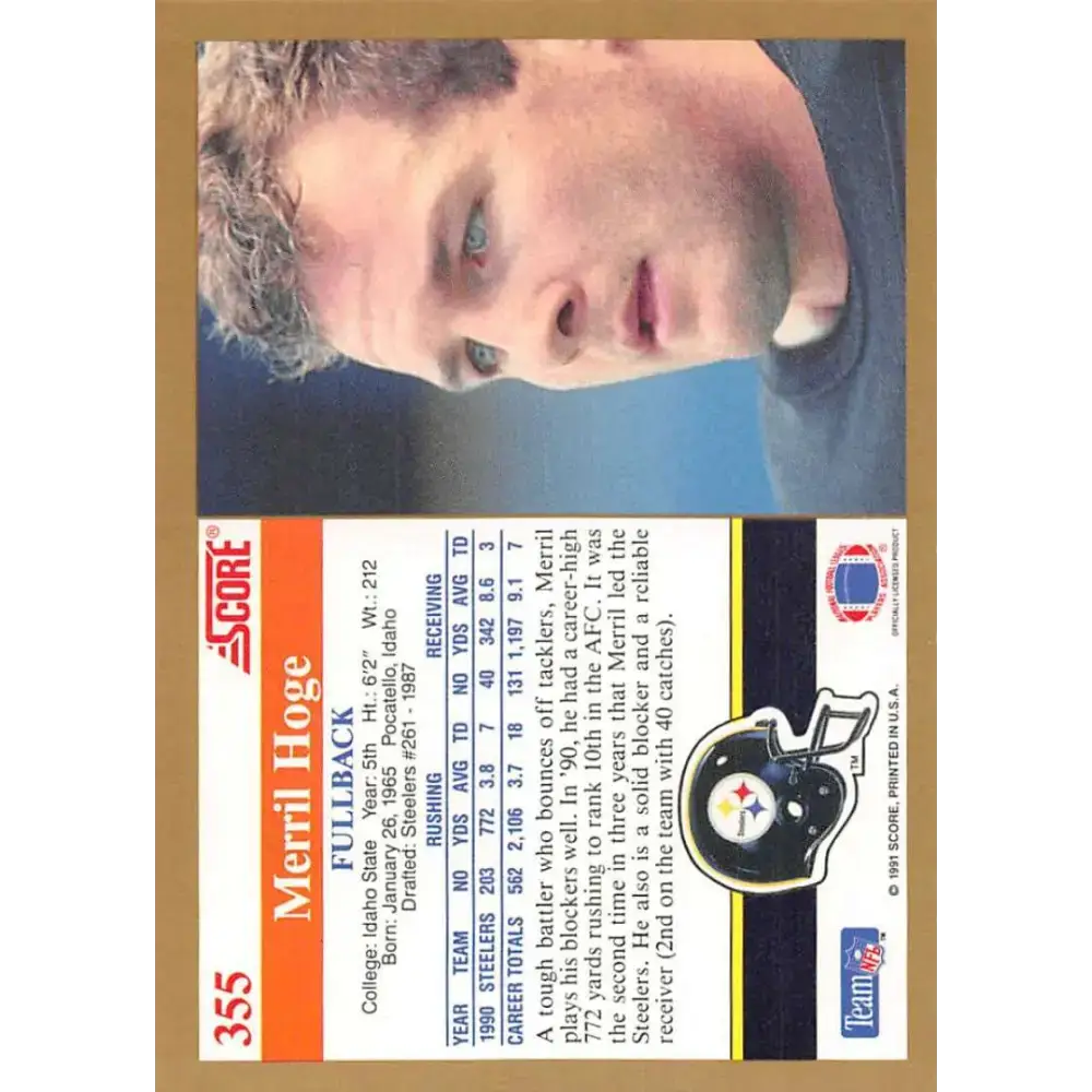 1991 Score #355 Merril Hoge EX Excellent Pittsburgh Steelers Football Card - Football Card Single