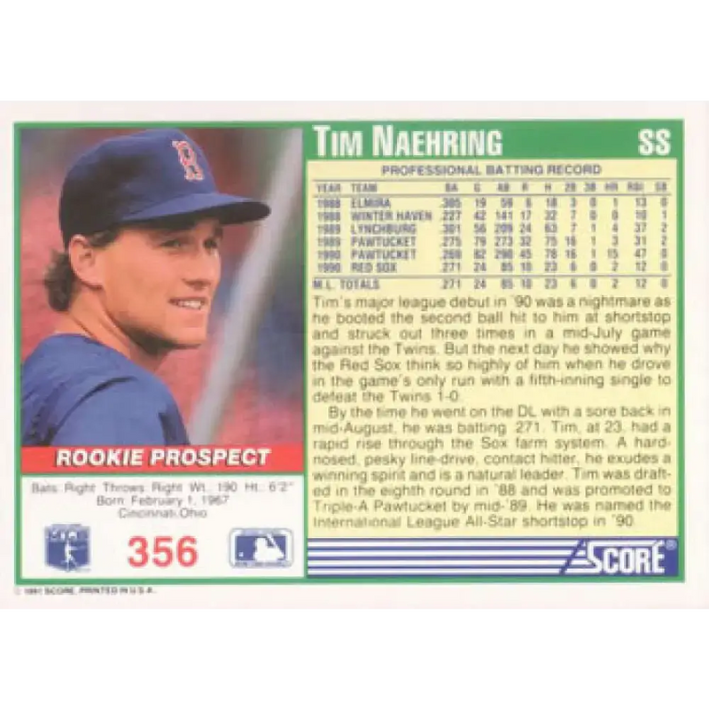 1991 Score #356 Tim Naehring NM-MT Boston Red Sox Baseball Card - Baseball Card Single