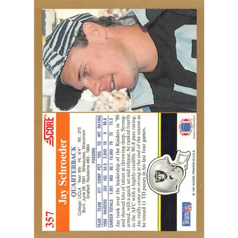 1991 Score #357 Jay Schroeder EX Excellent Los Angeles Raiders Football Card - Football Card Single