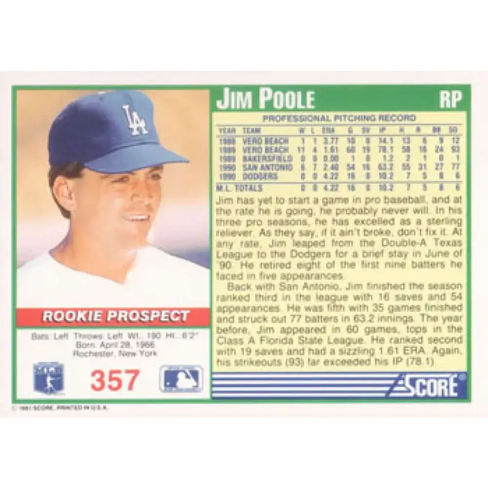 1991 Score #357 Jim Poole NM-MT Los Angeles Dodgers Baseball Card - Baseball Card Single