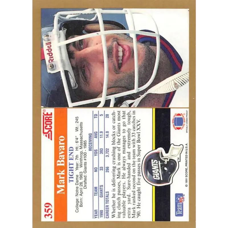 1991 Score #359 Mark Bavaro EX Excellent New York Giants Football Card - Football Card Single