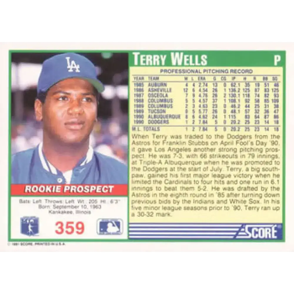 1991 Score #359 Terry Wells NM-MT RC Rookie Los Angeles Dodgers Baseball Card - Baseball Card Single