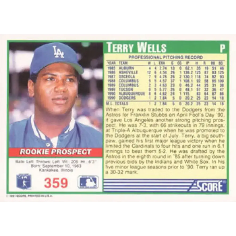 1991 Score #359 Terry Wells NM-MT RC Rookie Los Angeles Dodgers Baseball Card - Baseball Card Single