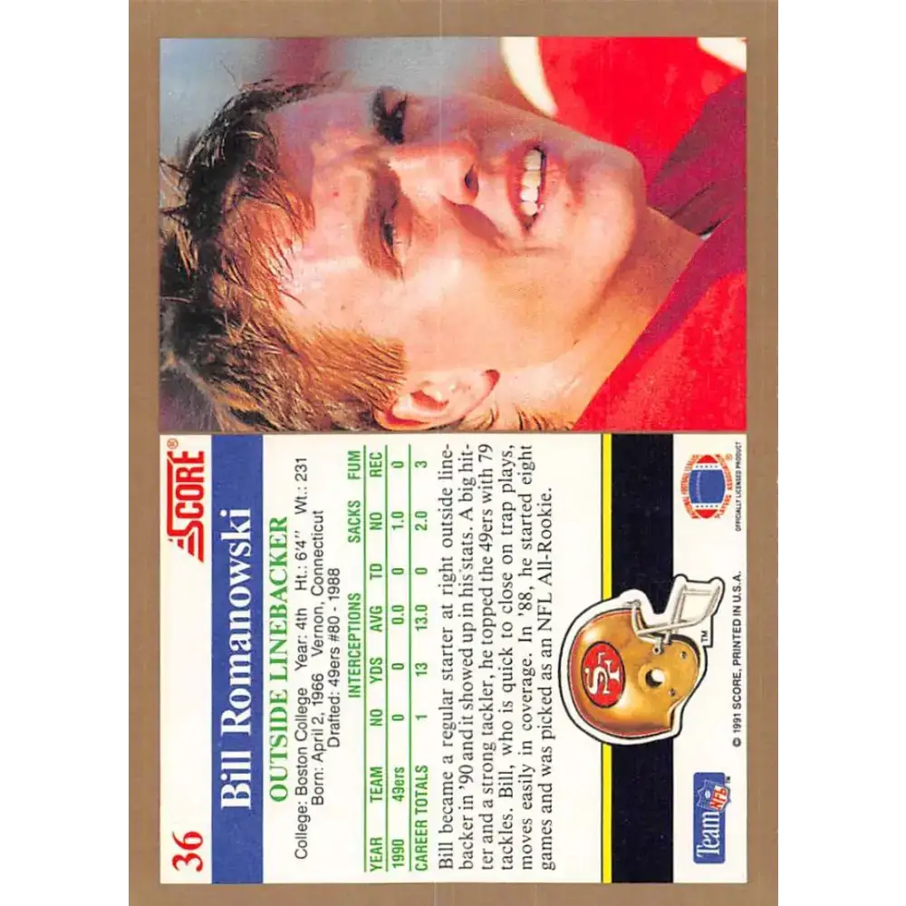 1991 Score #36 Bill Romanowski EX Excellent San Francisco 49ers Football Card - Football Card Single