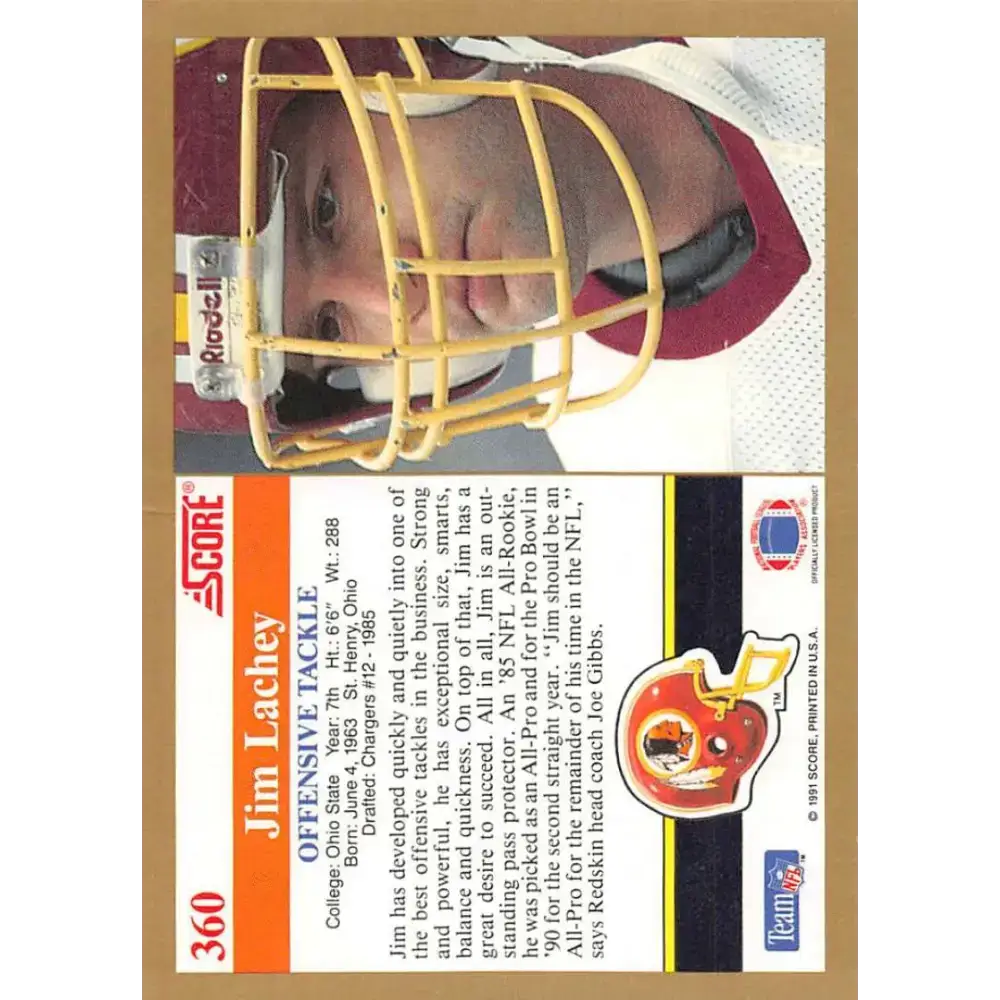 1991 Score #360 Jim Lachey EX Excellent Washington Redskins Football Card - Football Card Single