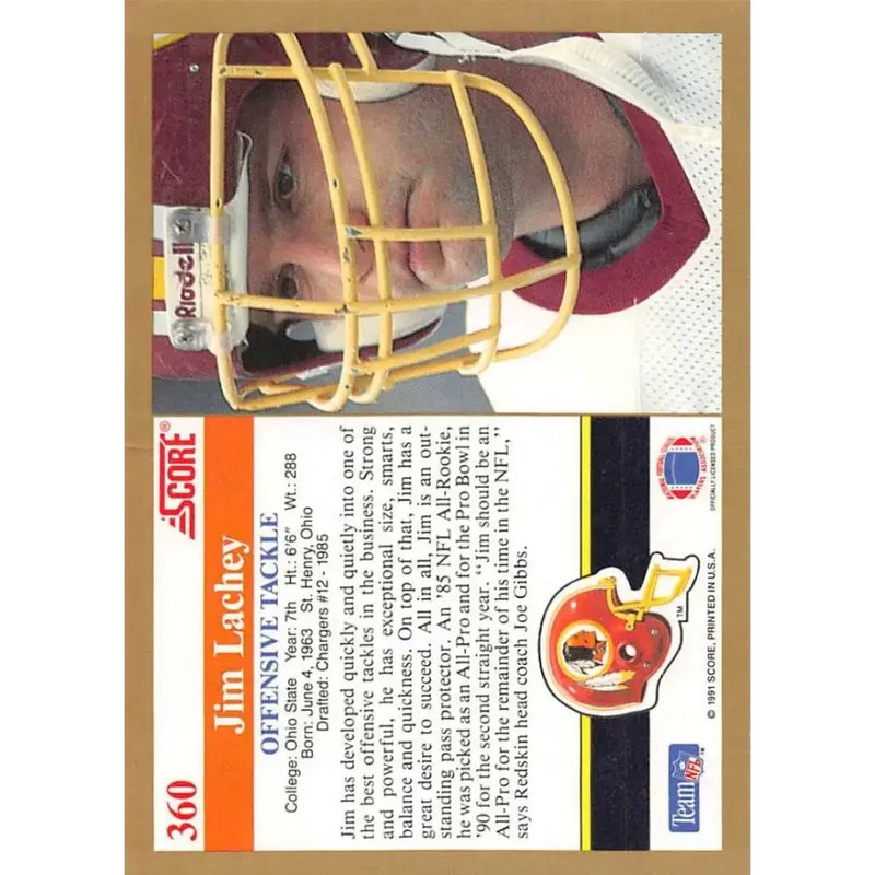 1991 Score #360 Jim Lachey EX Excellent Washington Redskins Football Card - Football Card Single