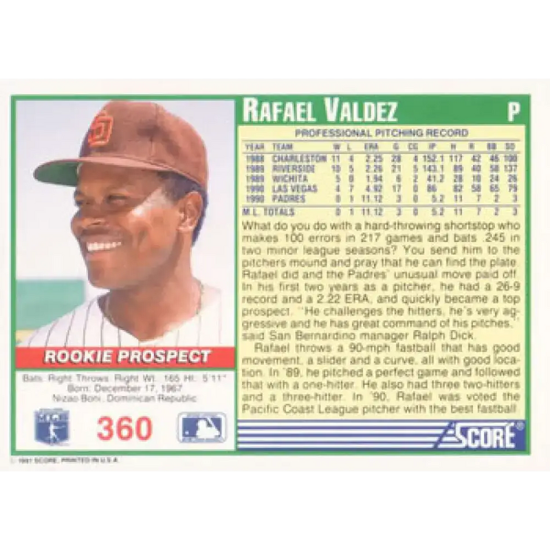 1991 Score #360 Rafael Valdez NM-MT San Diego Padres Baseball Card - Baseball Card Single