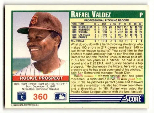1991 Score #360 Rafael Valdez San Diego Padres Baseball Cards EX/NM ID:55170 - Baseball Card Single