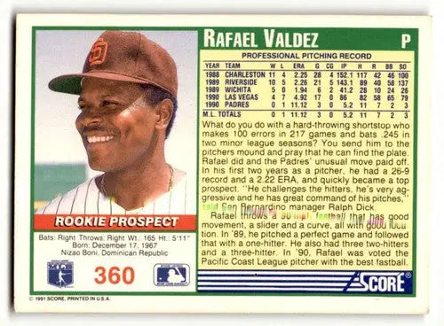 Original gloss 1991 Score Rafael Valdez San Diego Padres baseball card image