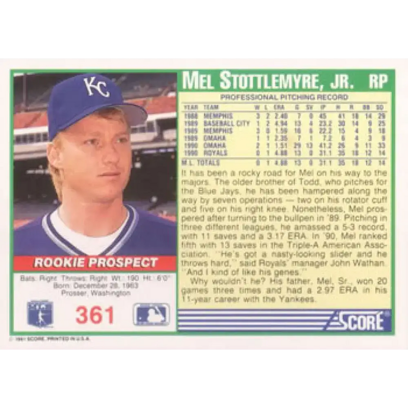 1991 Score #361 Mel Stottlemyre Jr. NM-MT Kansas City Royals Baseball Card - Baseball Card Single