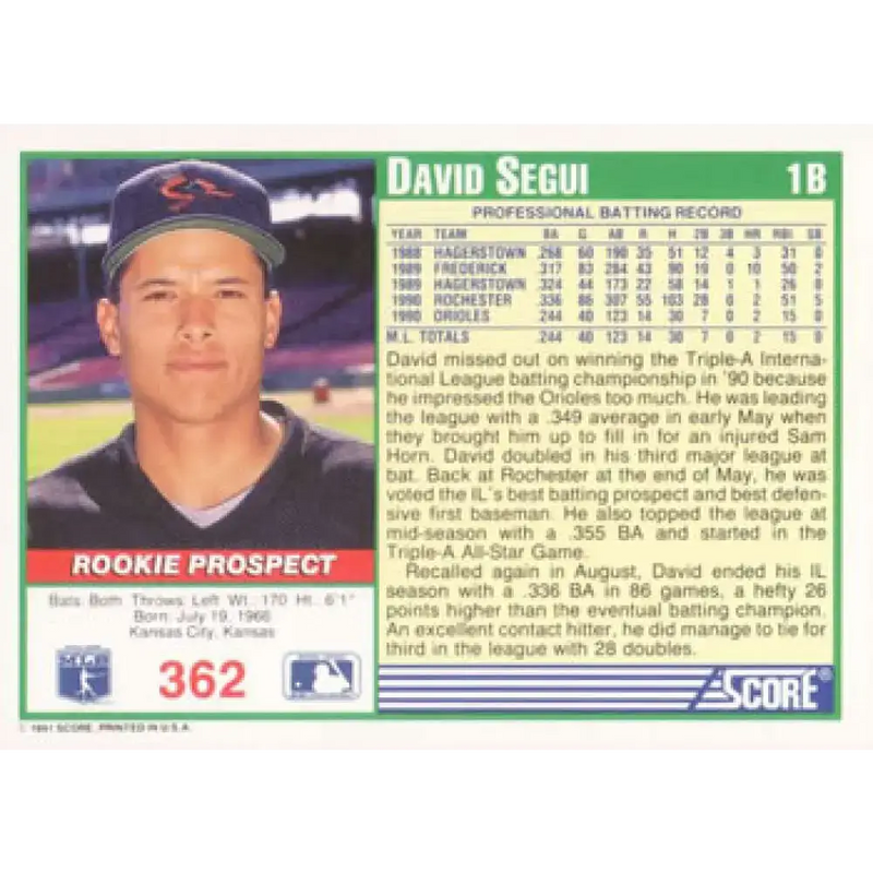 1991 Score #362 David Segui RP NM-MT Baltimore Orioles Baseball Card - Baseball Card Single